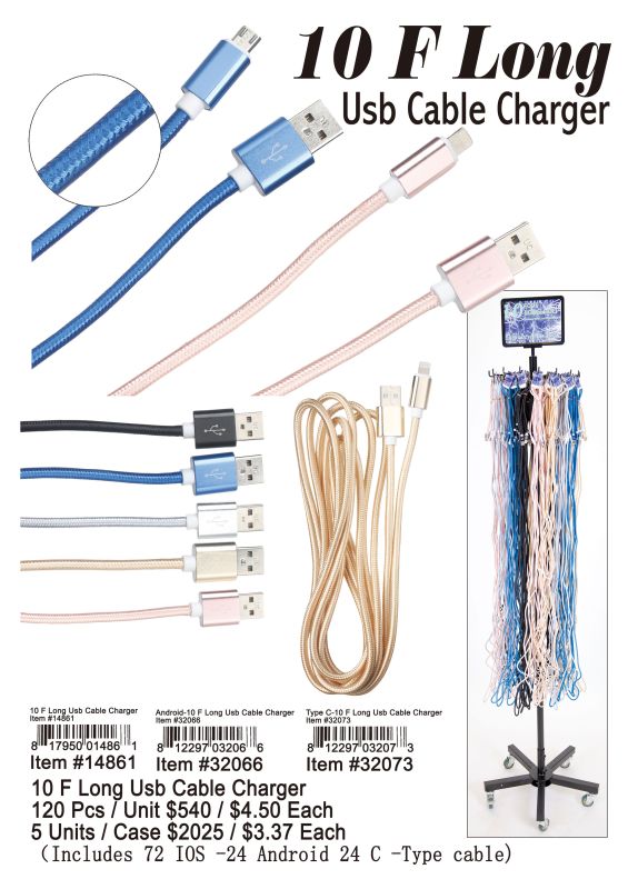 10F Long Usb Cable Charger - 120 Pieces Unit