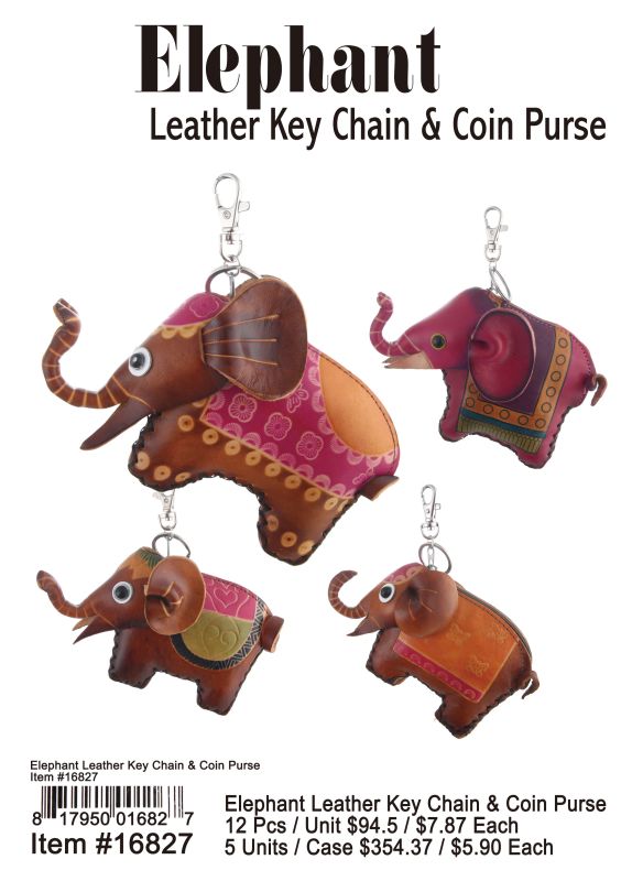 Elephant Leather Key Chain & Coin Purse - 12 Pieces Unit