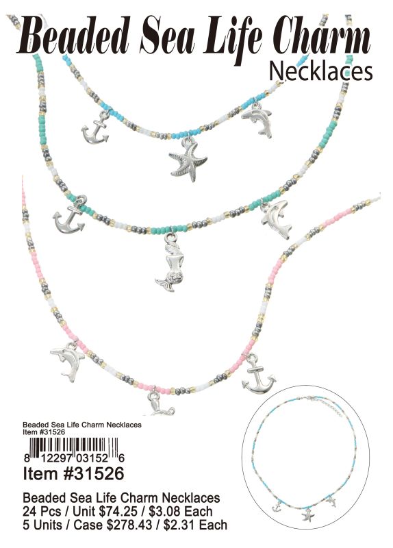 Beaded Sea Life Charm Necklaces - 24 Pieces Unit