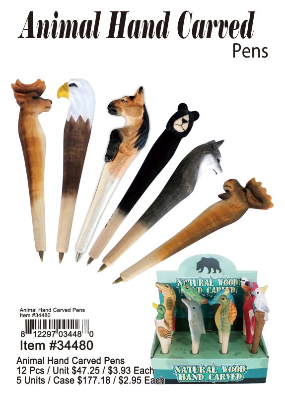 Animal Hand Carved Pens - 12 Pieces Unit