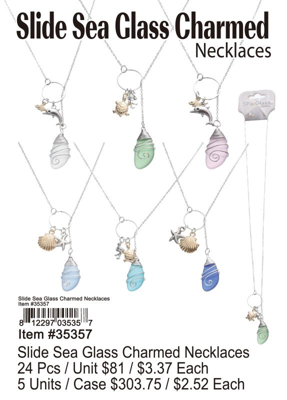 Slide Sea Glass Charmed Necklace - 24 Pieces Unit