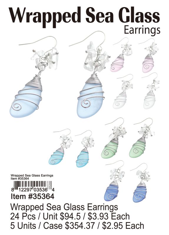 Wrapped Sea Glass Earrings - 24 Pieces Unit