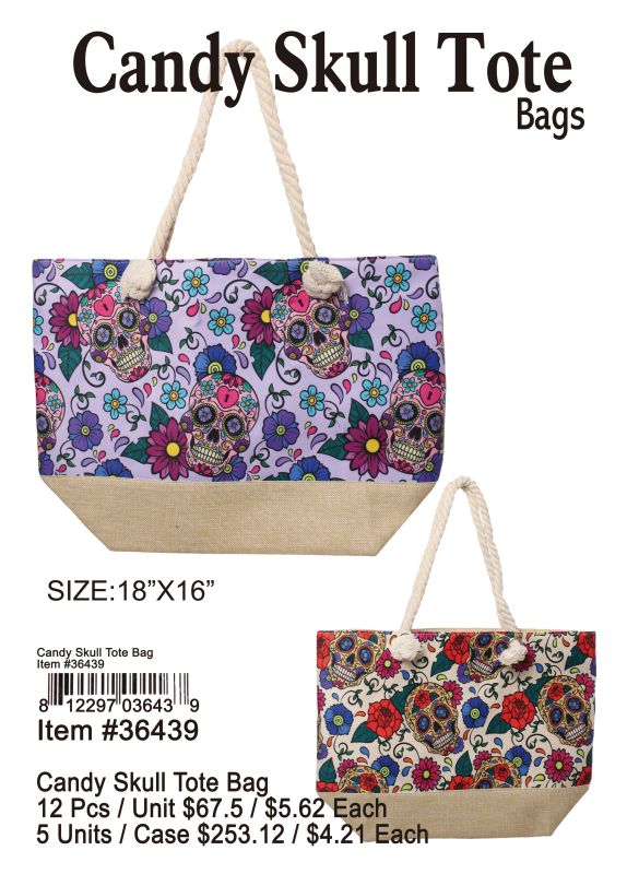Candy Skull Tote Bags - 12 Pieces Unit