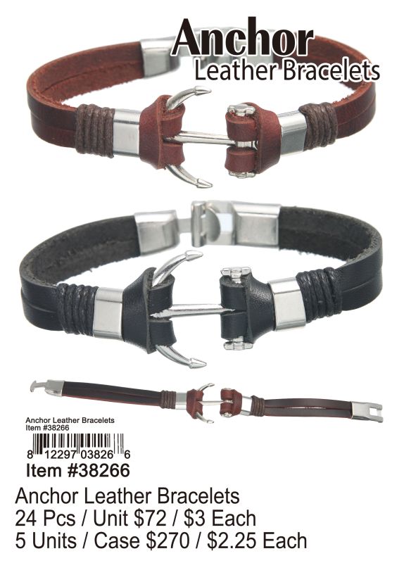 Anchor Leather Bracelets - 24 Pieces Unit