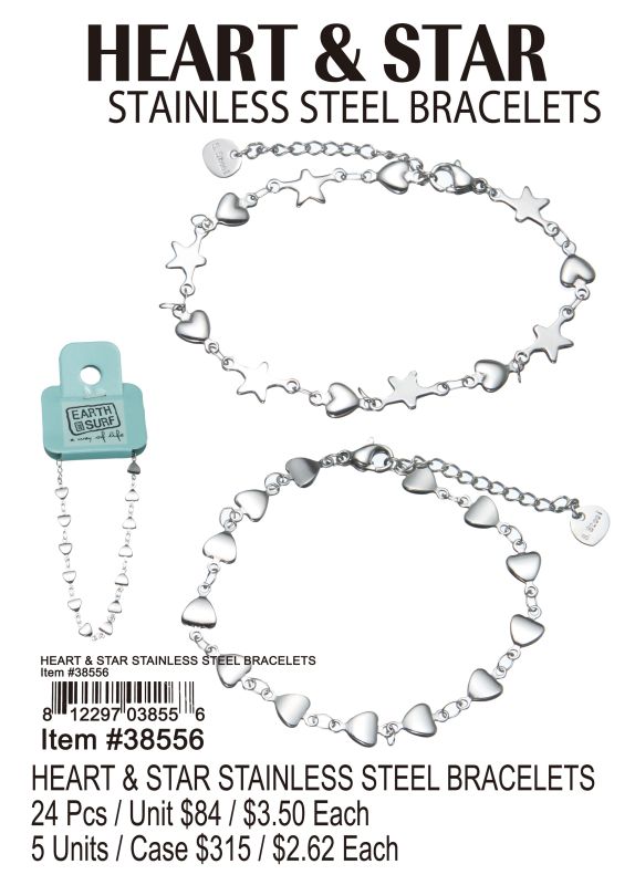 Heart&Star Stainless Steel Bracelets - 24 Pieces Unit