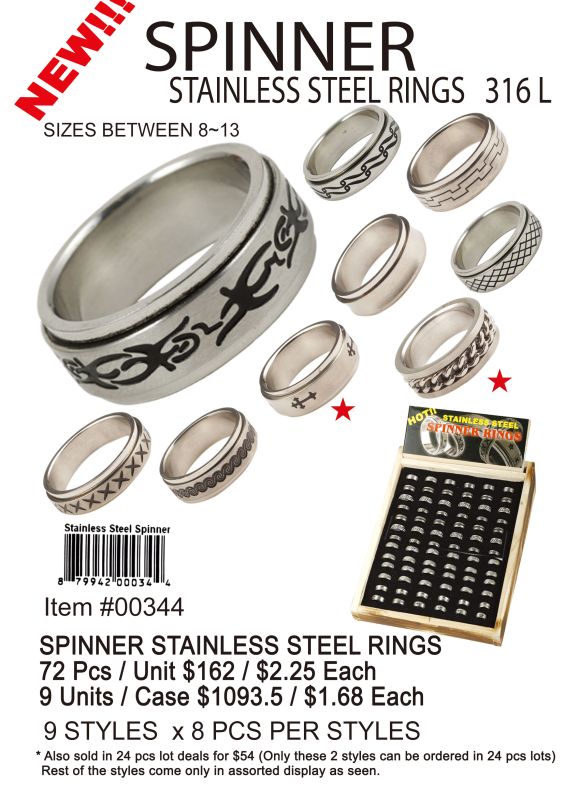 Spinner Stainless Steel Rings - 72 Pieces Unit