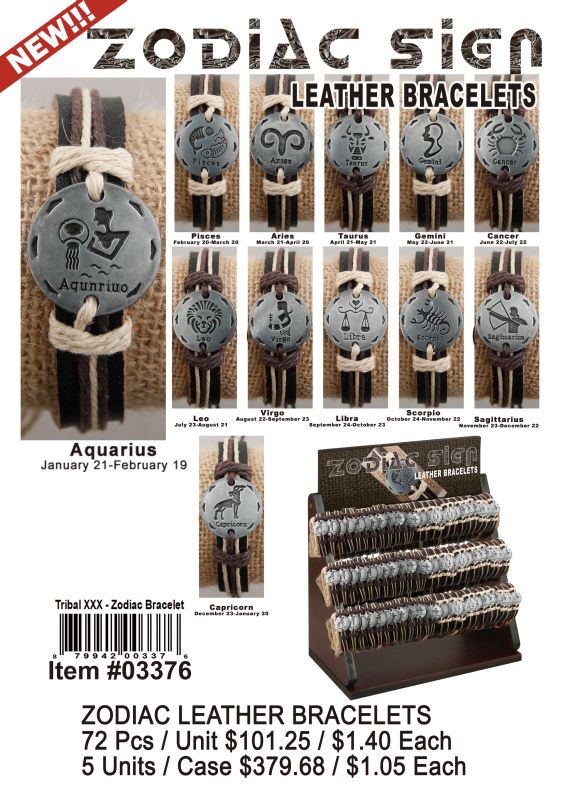 Zodiac Leather Bracelets - 72 Pieces Unit