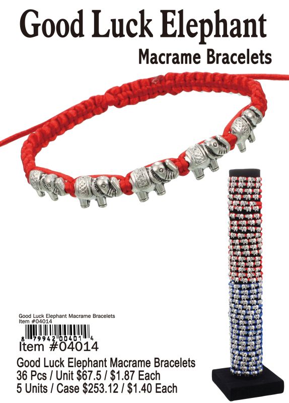 Good Luck Elephant Macrame Bracelets - 36 Pieces Unit