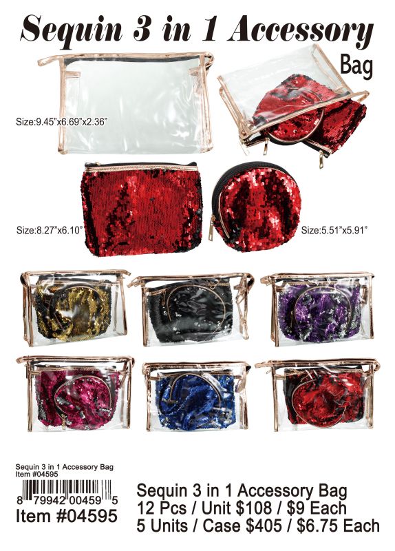 Sequin 3 In 1 Accessory Bag - 12 Pieces Unit - Click Image to Close