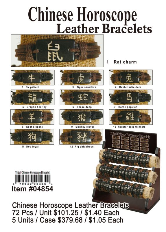 Chinese Horoscope Leather Bracelets - 72 Pieces Unit