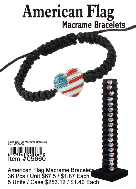 American Flag Macrame Bracelets - 36 Pieces Unit