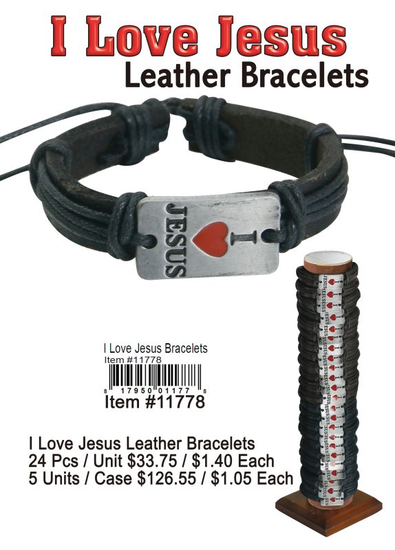 I Love Jesus Leather Bracelets - 24 Pieces Unit