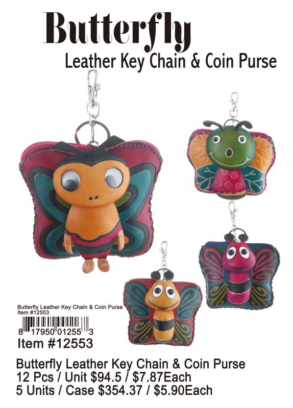 Butterfly Leather Key Chain & Coin Purse - 12 Pieces Unit