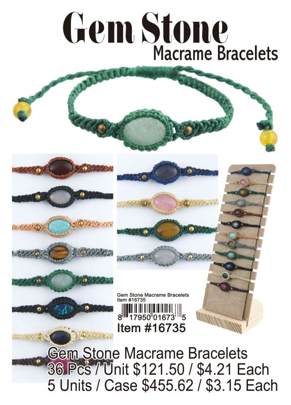 Gem Stone Macrame Bracelets - 36 Pieces Unit