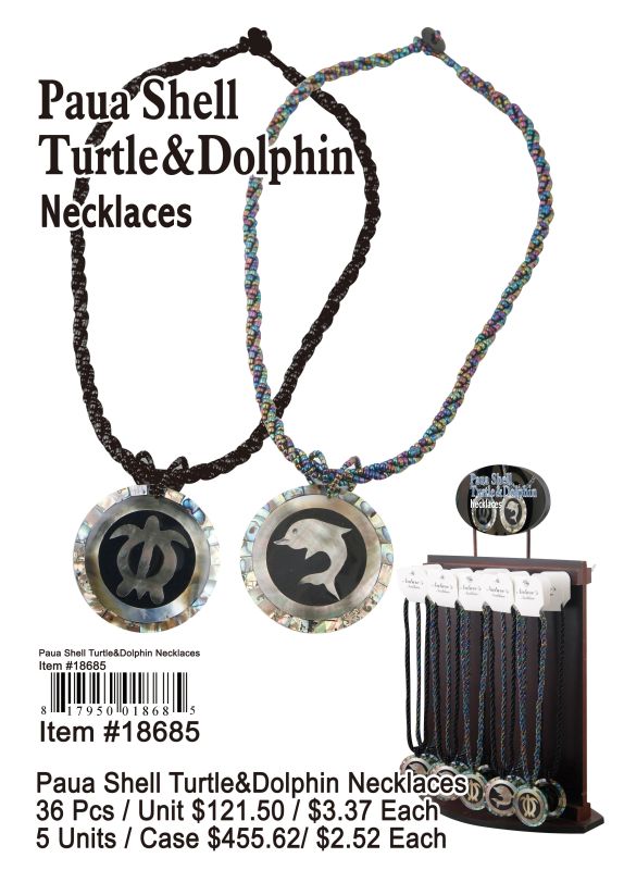 Paua Shell Turtle&Dolphin Necklaces - 36 Pieces Unit - Click Image to Close