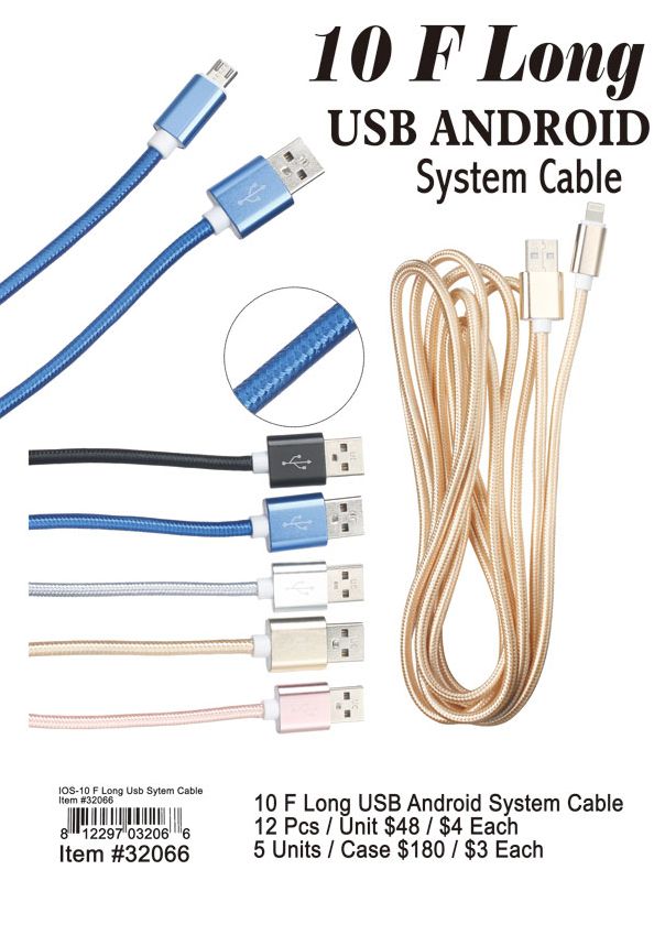 Android-10F Long Usb Cable Charger - 120 Pieces Unit