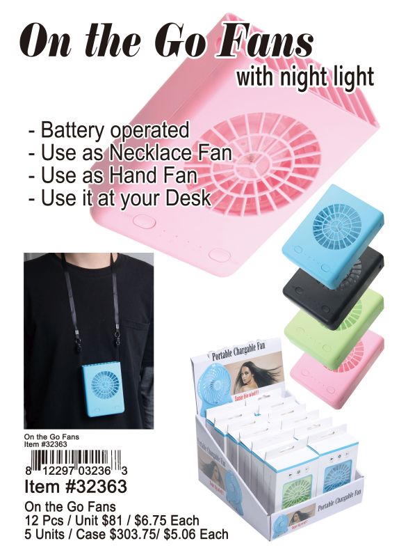 On The Go Fans With Night Light - 12 Pieces Unit