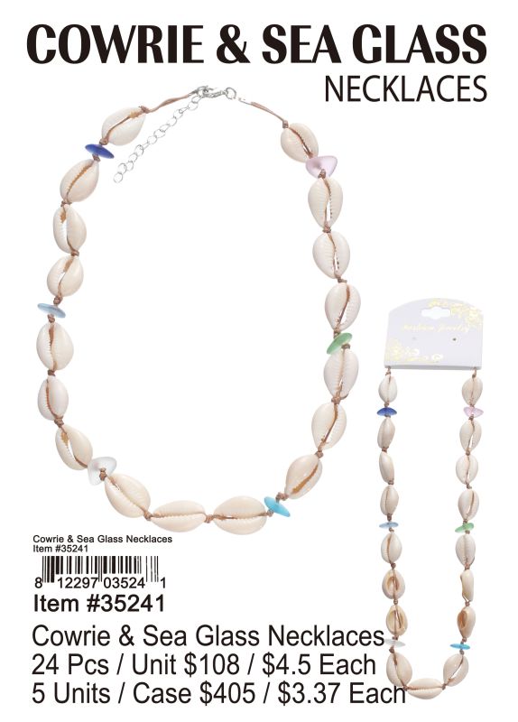Cowrie & Sea Glass Necklaces - 24 Pieces Unit