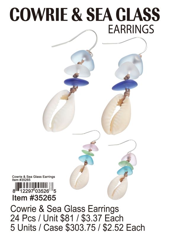 Cowrie & Sea Glass Earrings - 24 Pieces Unit