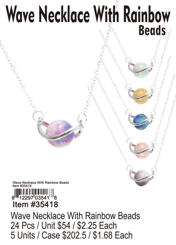 Wave Necklace With Rainbow Beads - 24 Pieces Unit - Click Image to Close