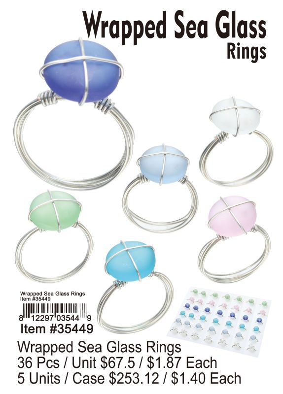 Wrapped Sea Glass Rings - 36 Pieces Unit - Click Image to Close