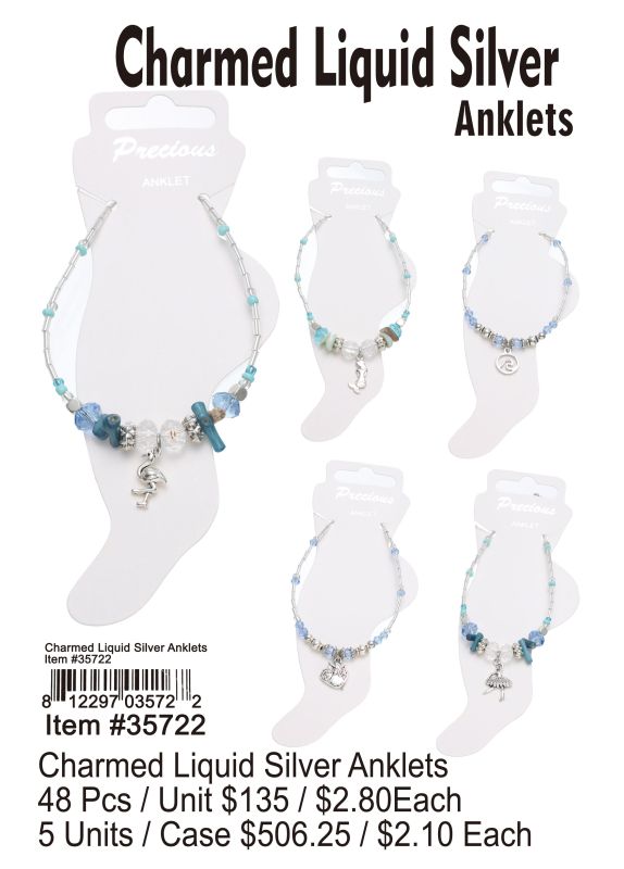 Charmed Liquid Silver Anklets - 48 Pieces Unit