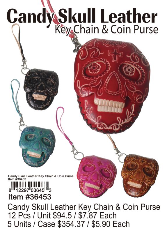 Candy Skull Leather Key Chain &Cion Purse - 12 Pieces Unit