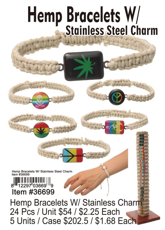Hemp Bracelets W/ Stainless Charm - 24 Pieces Unit