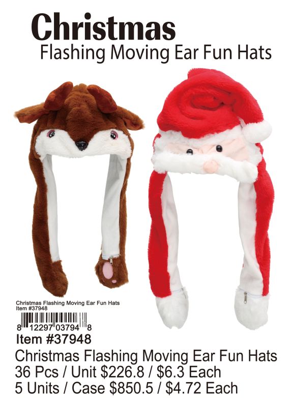 Christmas Flashing Moving Ear Fun Hats - 36 Pieces Unit