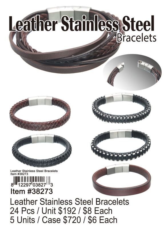Leather Stainless Steel Bracelets - 24 Pieces Unit