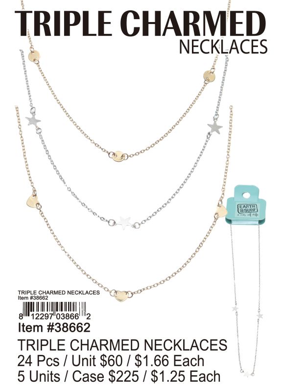 Triple Charmed Necklaces - 24 Pieces Unit - Click Image to Close
