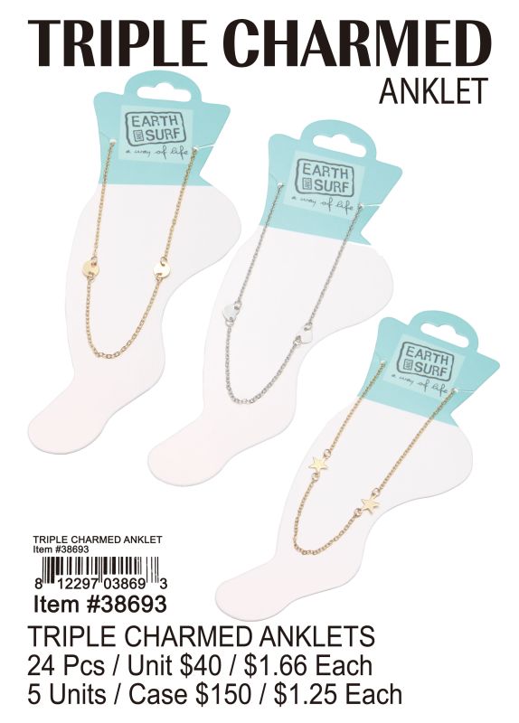 Triple Charmed Anklets - 24 Pieces Unit - Click Image to Close